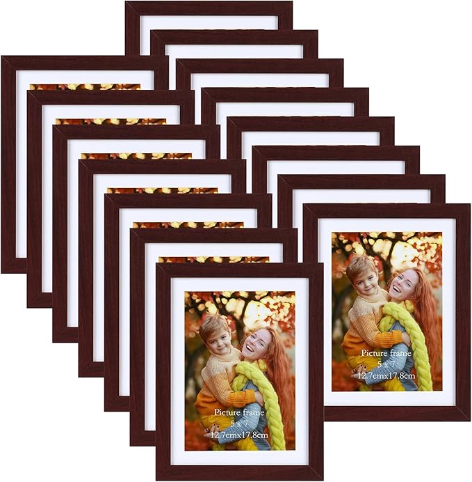 Lyeasw 5x7 Picture Frame Set of 15, Display Pictures 5x7 with Mat or 6x8 without Mat, Multi Photo Frames for Wall Mounting or Tabletop Display, Dark Red