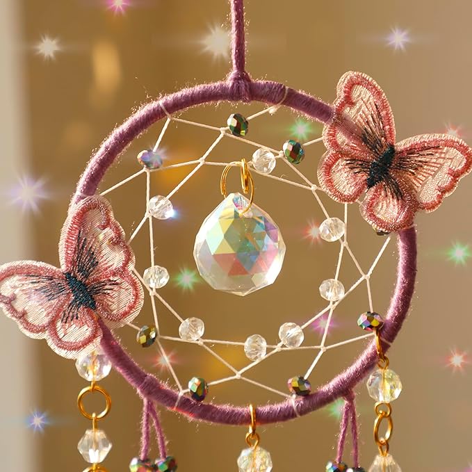 Artilady Dream Catcher for Girls - Purple Butterfly Small Dream Catchers with Crystals Cute Room Decor for Teen Girls Boys Boho Bedroom Wall Home Decorations Birthday Christmas Kids Baby Gifts
