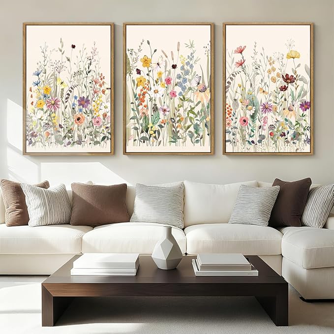 BINCUE Wildflower Wall Art Large Floral Wall Painting Neutral Print Pictures Framed Flower Wall Decor Wildflower Artwork Flowers Pictures Floral Art Prints for Living Room Bedroom Bathroom Farmhouse 24x36 Inches Set of 3 Gift