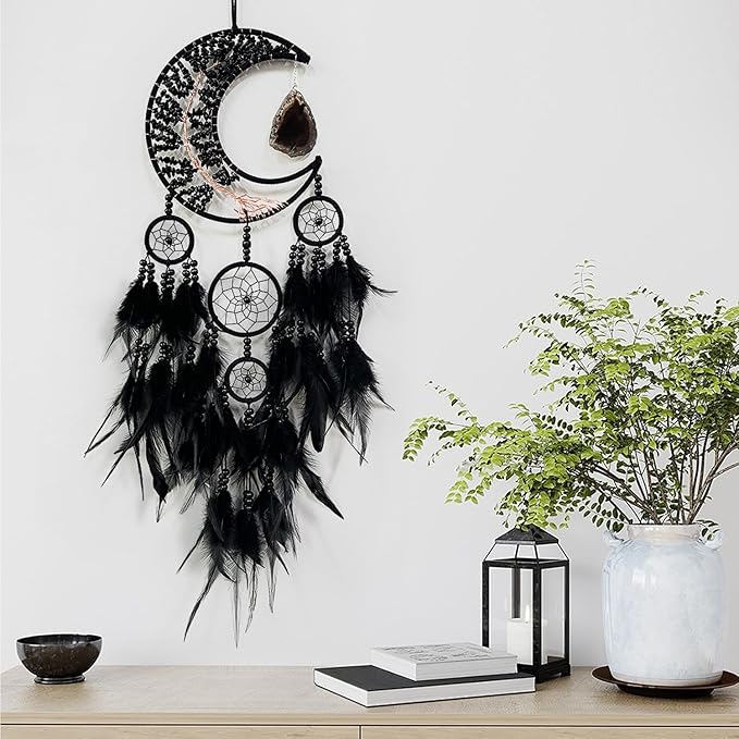 Large Dream Catcher,Moon Dream Catchers with Chakra Gemstone Agate Stone,Black Crystal Tree of Life Dream Catcher,Dream Catchers for Adults,Boho Bedroom Decor (Black Natural Gem Agate)
