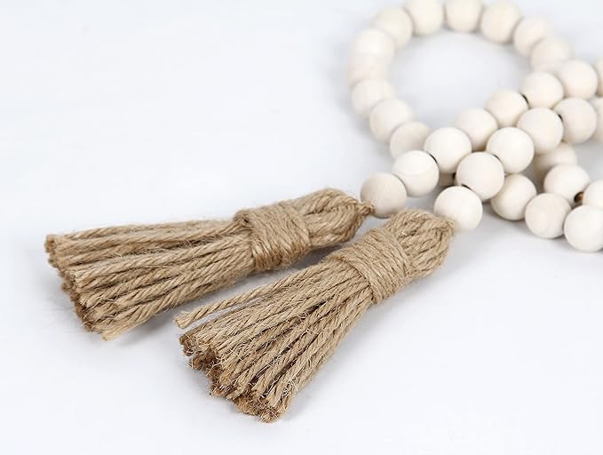 Wood Bead Garland Farmhouse Beads with Tassels,Farmhouse Tassel Garland Country Wall Hanging Decor Prayer Beads(39 inches/Nature)