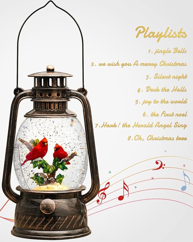 Christmas Snow Globes Cardinal Gifts,Christmas Decorations Cardinal Snow Globe, Musical Lantern Light Up 6H Time Glitter Globe Cardinal Red Bird Memorial Gift for Women