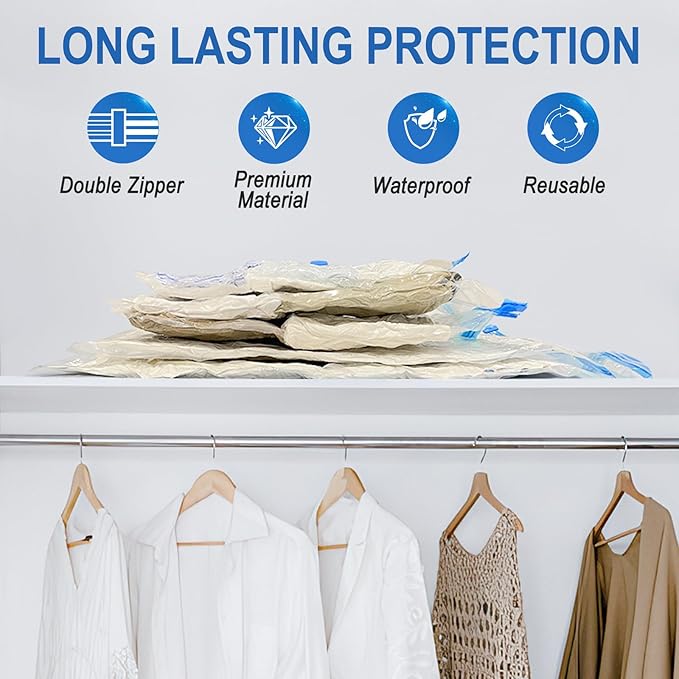 Vacuum Storage Bags with Hand Pump, Plastic Packaging Bags, 80% Space Saver Vacuum Seal Bags for Clothing, Travel Lugggage, Blankets, Comforters, 10 Large