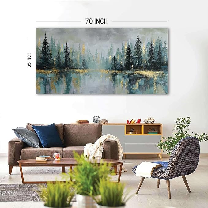 Green Forest Wall Art Vintage Fog Pine Trees Landscape Wall Decor Nature Green and Gold Forest Lake Scenery Canvas Prints Pictures Farmhouse Artwork for Kitchen Living Room Home Decorations 35x70"