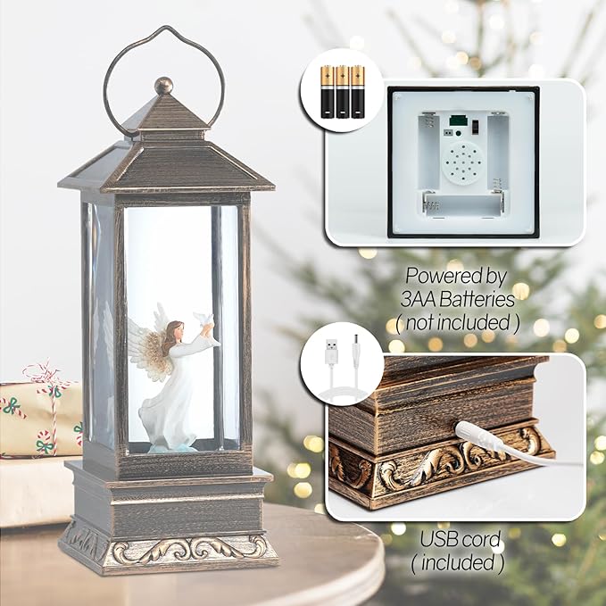 12" Christmas Snow Globe Lantern with Angel and Dove - Water Glittering LED Light Lantern with Music - Vintage Xmas Angel Gifts - USB Plug or Battery Operated Home Decor (Angel)