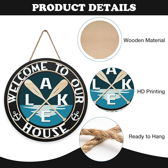 Lake Life Welcome to Our House Front Door Sign, Lakehouse Paddle Family Wood Hanger Outdoor Outside Porch Home Decor, Nautical Anchor Farmhouse Wooden Wreath Indoor Wall Hanging Decoration