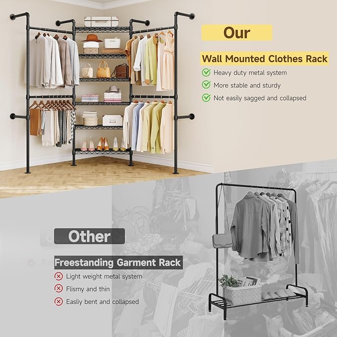 L3 Industrial Pipe Closet Organizer System, Wall Mounted Clothes Rack Clothing Racks with 4 Telescopic Rods & 6 Shelves , Heavy Duty Closet System in Wardrobe Closet (Black)