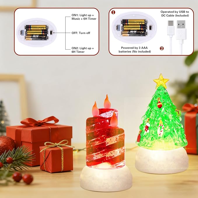4 Pack Christmas Snow Globes Tree Snowman Cardinal Candle with 8 Songs Music and 6H Timer USB & Battery Powered Water Globe Swirling Glitter for Holiday Decorations (Tree Snowman Cardinal Candle)