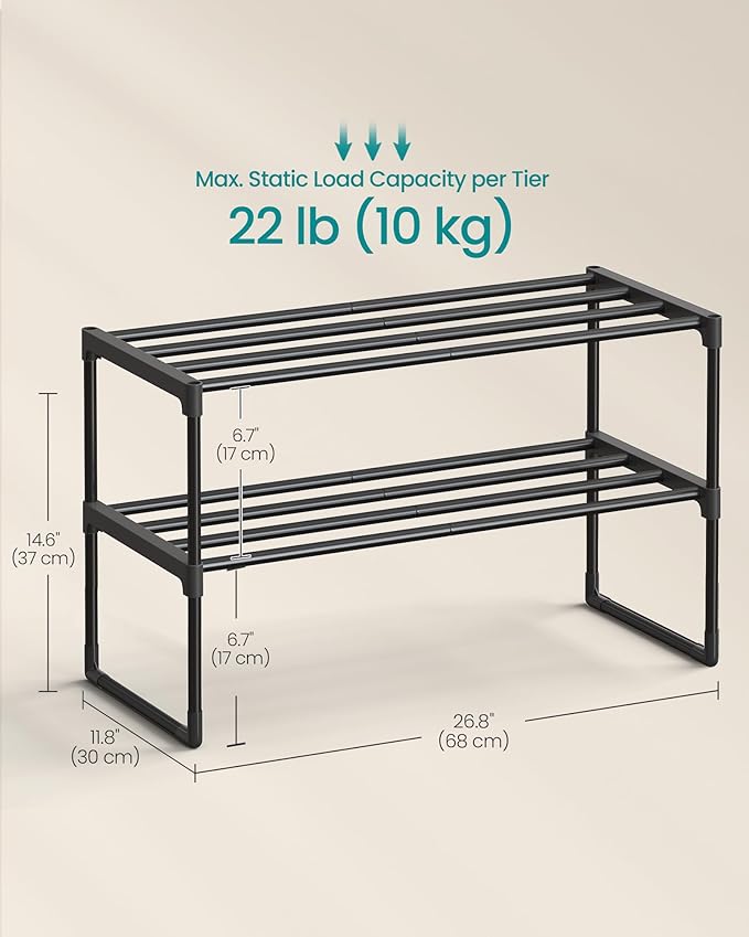SONGMICS Shoe Rack, 2-Tier Shoe Organizer, Metal Storage Shelf, Upright or Upside Down, for 6-9 Pairs, Stackable, for Entryway, 11.8 x 26.8 x 14.6 Inches, Black ULSA202B01