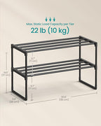 SONGMICS Shoe Rack, 2-Tier Shoe Organizer, Metal Storage Shelf, Upright or Upside Down, for 6-9 Pairs, Stackable, for Entryway, 11.8 x 26.8 x 14.6 Inches, Black ULSA202B01