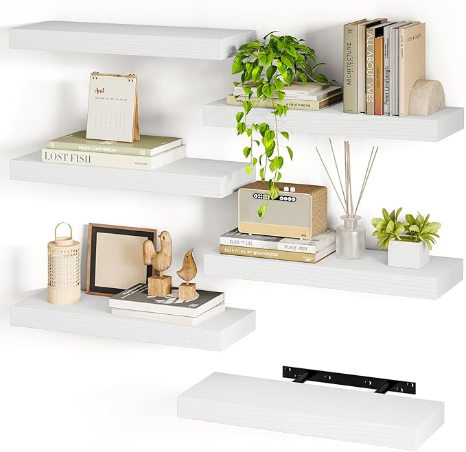 Fixwal White Shelves, 15.7in Floating Shelves, Farmhouse Shelf Wall Decor for Bathroom, Bedroom, Living and Kitchen Set of 6