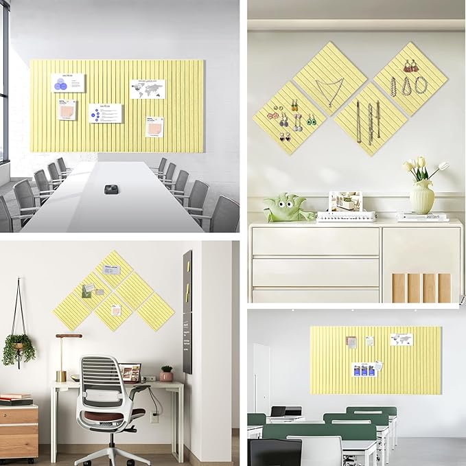 Large Cork Board for Office, 8 Pack Felt Wall Tiles with Slat Wall Paneling and Safe Removable Adhesive Tabs, Felt Bulletin Board Pin Board Cork Boards for Walls - Butter Yellow