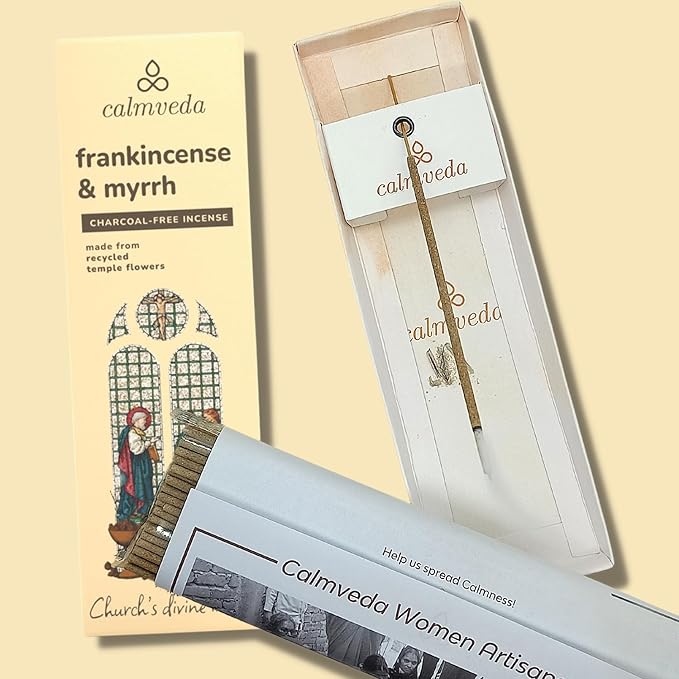 Calmveda Church Frankincense and Myrrh Incense - 80 Sticks, Charcoal Free, Handmade from Upcycled Flowers, Spiritual Healing Incense