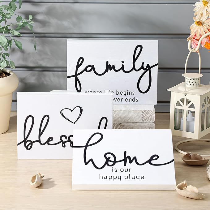 Jetec 3 Pcs Family Home Blessed Rustic Wood Sign Mini Wood Decorative Farmhouse Woodworks Table Shelves Decorations Sign for Bedroom Kitchen Living Room Table Decor(White,5 x 7 x 0.59 in)