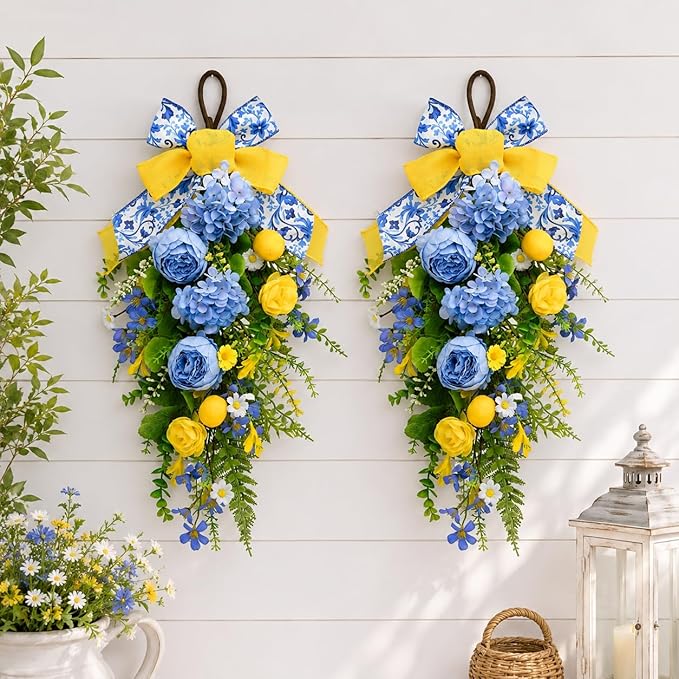 nuvagiki Summer Lemon Floral Teardrop Swag Set of 2, Blue Yellow Chinoiserie Lemon Front Door Decor, Floral Porch Swag for Farmhouse Entryway Wall Hanging Decorations