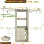 Aheaplus Closet System - 8FT Organizer with 3 Wooden Drawers, Fits 5.3-9 ft Walk-in Closet, White Oak