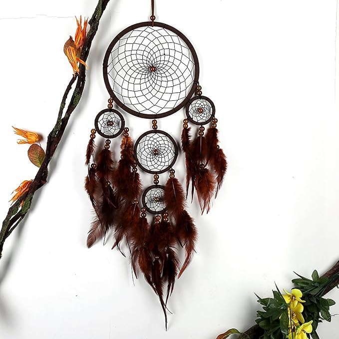Handmade Dream Catchers Wall Decor,Boho Feather Dreamcatcher with Natural Elements,Unique Home Decor Gift for Bedroom, Living Room (Dark Brown 19.7in)