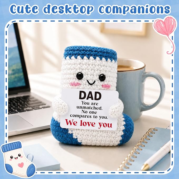 Belatelove Funny Fathers Day Dad Gift from Daughter Son, Handmade Crochet Sock Doll Father's Day Birthday Gift for Dad, Cute Small Gifts for Dads Papa New Bonus Stepdad Desk Decor