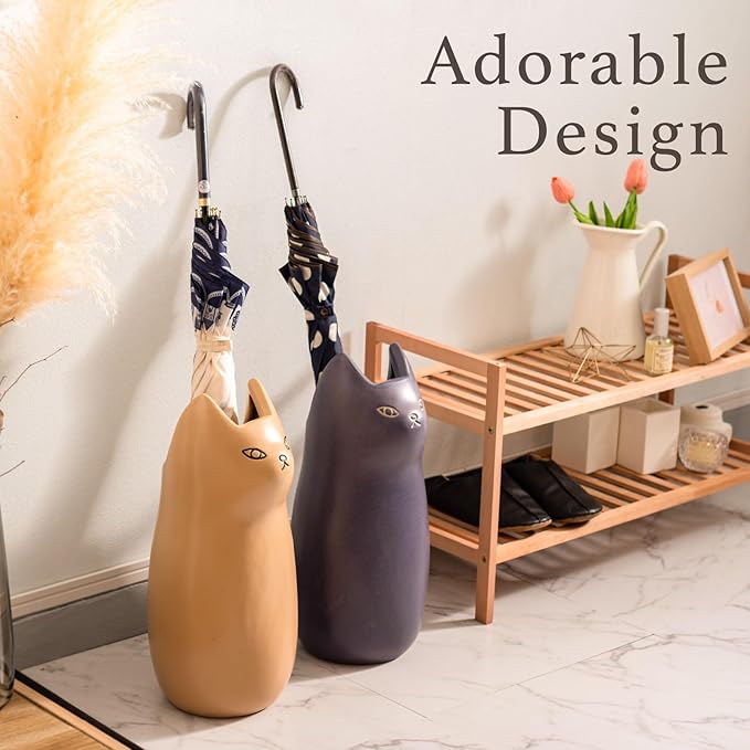 PaletteLife Cat Umbrella Stand, Compact Ceramic Umbrella Holder for Entryway, Cute Scandinavian Decorative Umbrella Rack, Brown