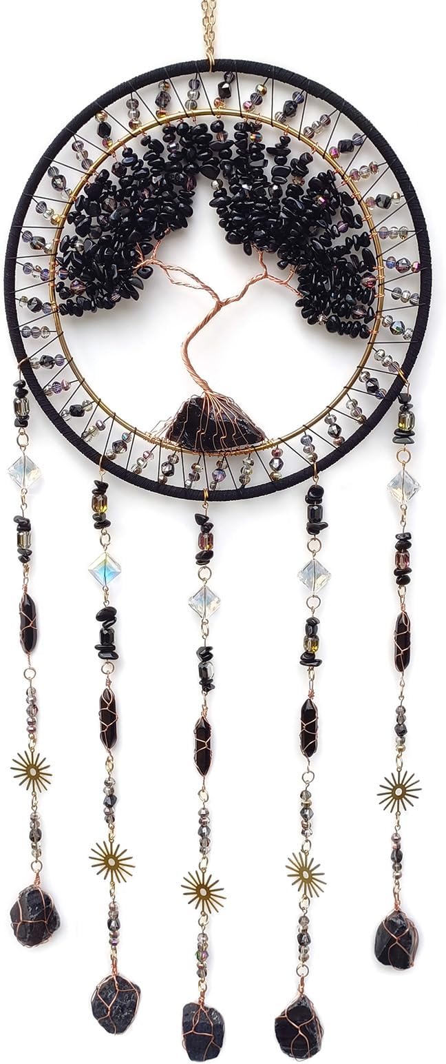 Crystal Tree of Life Dream Catchers with Stone Pendant Black Dream Catcher Wall Decor Handmade Dreamcatcher Wall Hanging Ornament for Bedroom Living Room Home Decor