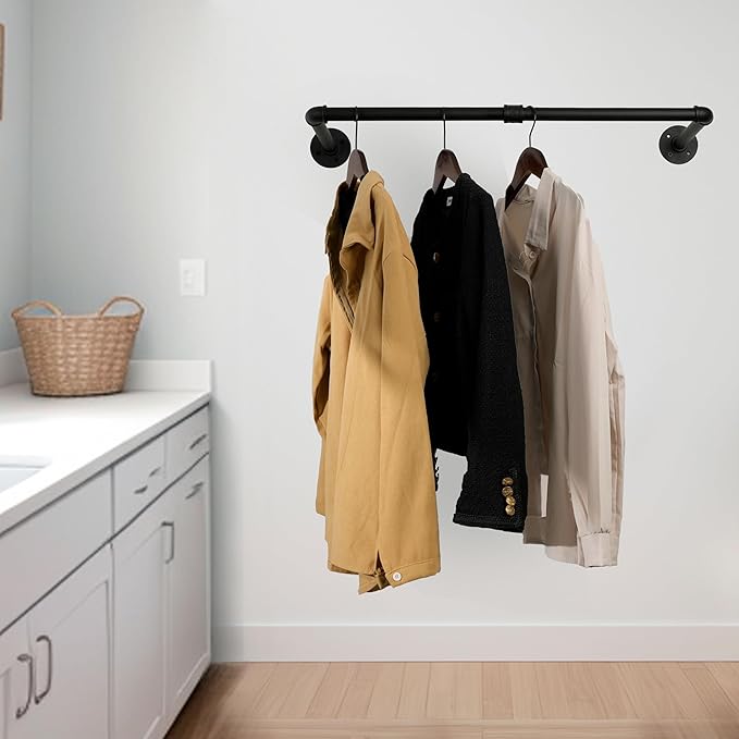 WEBI Clothing Rack Wall Mount,32" Industrial Pipe Clothes Rack for Hanging Clothes,Heavy Duty Iron Garment Rack Bar,Retail Display Clothes Rod for Closet,Laundry Room,Black,2 Packs