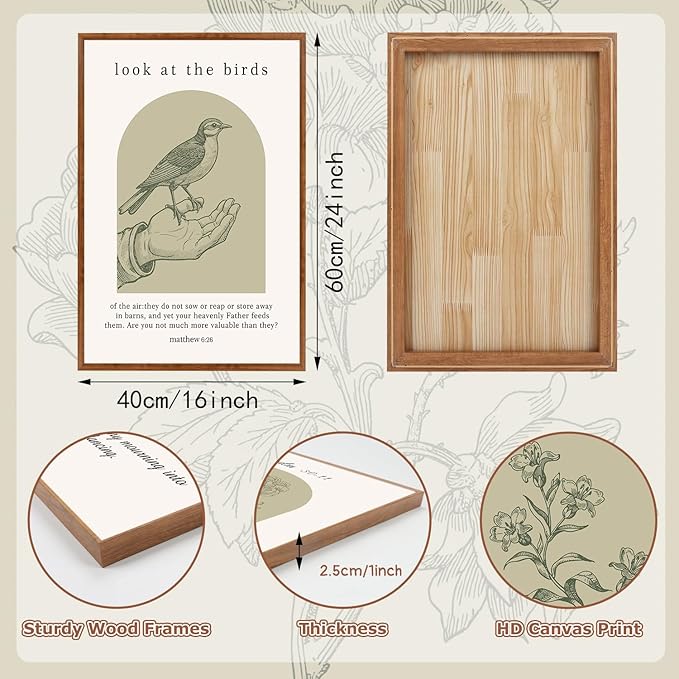 KAlRNE Sage Green Christian Wall Art Set of 3(16”X24”),Vintage Bible Verse Wall Decor,Modern Religious Birds Framed Canvas Paintings,Scripture Lilies Art Prints For Living Room Bedroom Office Church