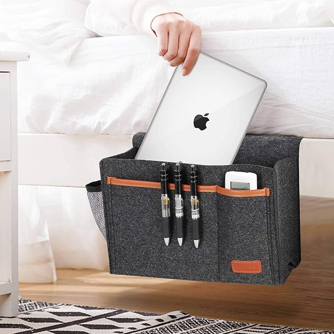 Bedside Caddy, Bed Storage Organizer for Remote Controller, Books, Magzine, Laptop Holder, 12.4'' x 8.6'' inch Bedside Hanging Felt Storage Bag for Dorm Bed with 5 Pockets, Dark Gray
