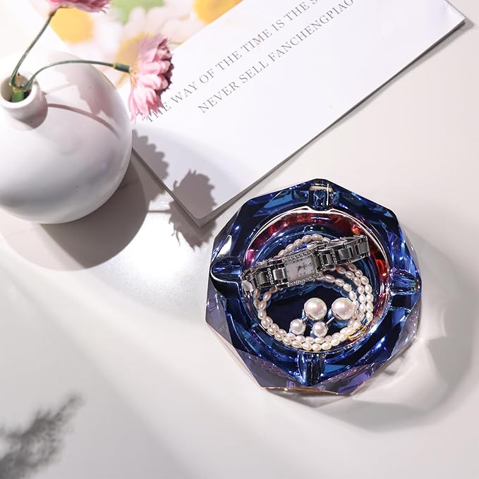 Coomin Crystal Glass Ashtray, Sparkly Cigar Cigarettes Ash Tray, Ashtrays for Smokers Indoor Office Home Desktop Tabletop, Unique Luxury Gifts for Men, Blue
