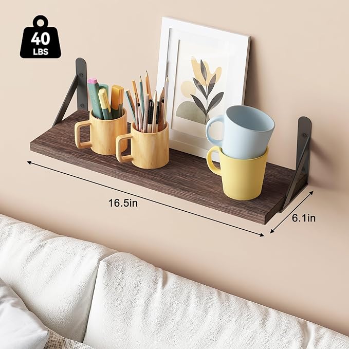 YGEOMER Brown Floating Shelves for Wall, 16.5 Inch Farmhouse Wall Shelves for Bedroom, Bathroom Storage, Living Room and Kitchen Decor (Set of 6 Brown)