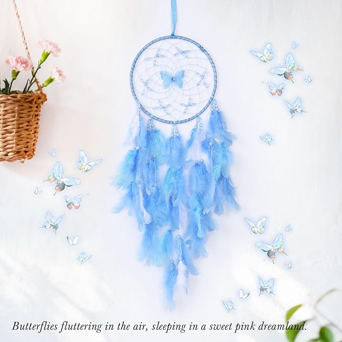 Pretty Jolly Dreamy Girls Butterfly Dream Catcher Wall Decor Fairy Blue Feather Baby Dreamcatcher Handmade Home Décor Wall Hanging for Nursery Bedroom Girls Birthday Gift