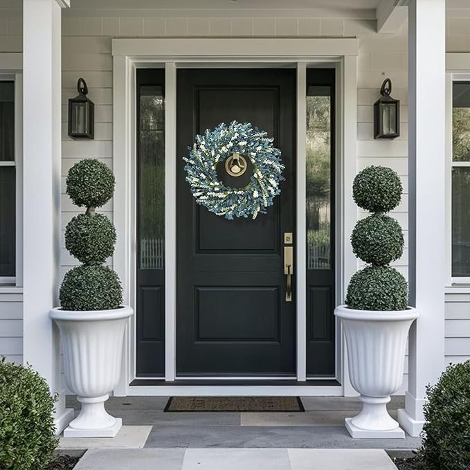 22 Inch Blue Floral Wreath for Front Door, Artificial Spring Summer Wreath with Free Pink Sash, All Seasons Eucalyptus Greenery Wreath for Indoor Outdoor Home Wall Wedding Decor