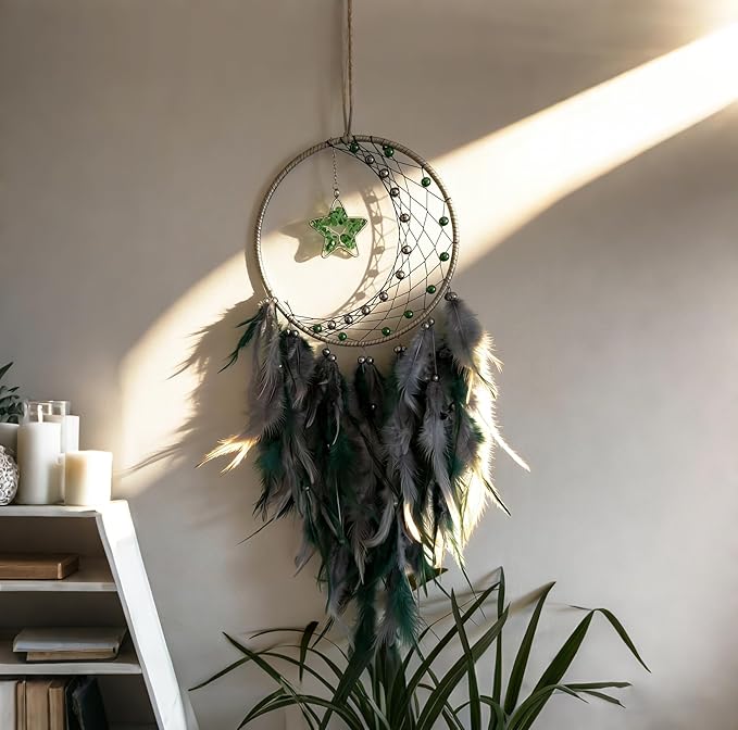 Crystal Dream Catcher,Large Dream Catcher for Adult,Green Boho Dream Catcher Wall Decor with Gemstone Hanging Ornament Girls Dorm Room Decor Festival Gift