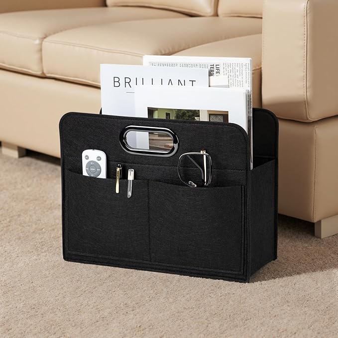 Magzine Holder,Felt foldable Magazine Basket for Storage Organizer, Magazine Newspaper File Laptop Folder with 4 Pockets for dorm, Living Room, Office Storage Holder Bag, Black