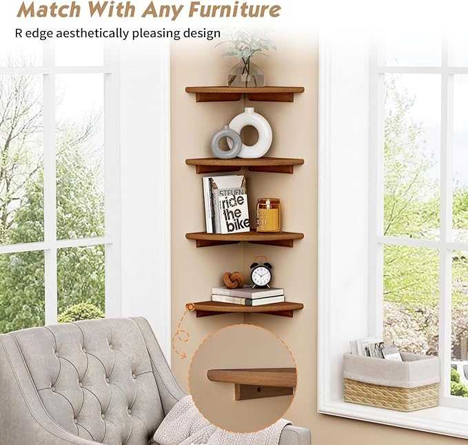 Forbena Walnut Brown Floating Corner Shelves for Wall 4-Pack, Small Corner Wall Shelves for Kids Room, Cute Wooden Hanging Corner Shelf for Bedroom Bathroom Decor, Living Room, Small Spaces