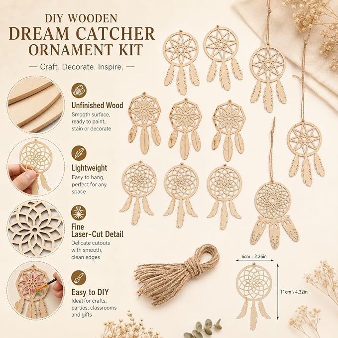 COHEALI 40pcs Wooden Dreamcatcher Arts and Crafts for Dreamcatcher Kit Wood Crafts for DIY Kits Wooden Hanging Ornaments Kit Unfinished Dream Catcher Wood Dream Catcher Paper Cut