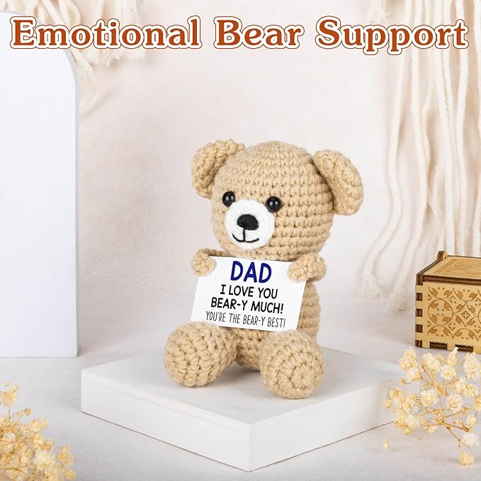 WELLBANEE Mini Bear Gifts for Dad Father from Daughter Son, Birthday Gifts for New Step Bonus Dad, I Love You Handmade Emotional Crochet Bear