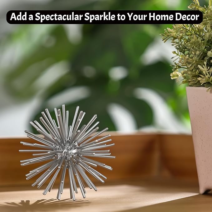 Silver Sphere Decor, Metal Starburst Tabletop Sculpture Decor, Mid-Century Modern Metal Starburst Centerpiece, Spike Ball Decoration for Home, Coffee Table Decor