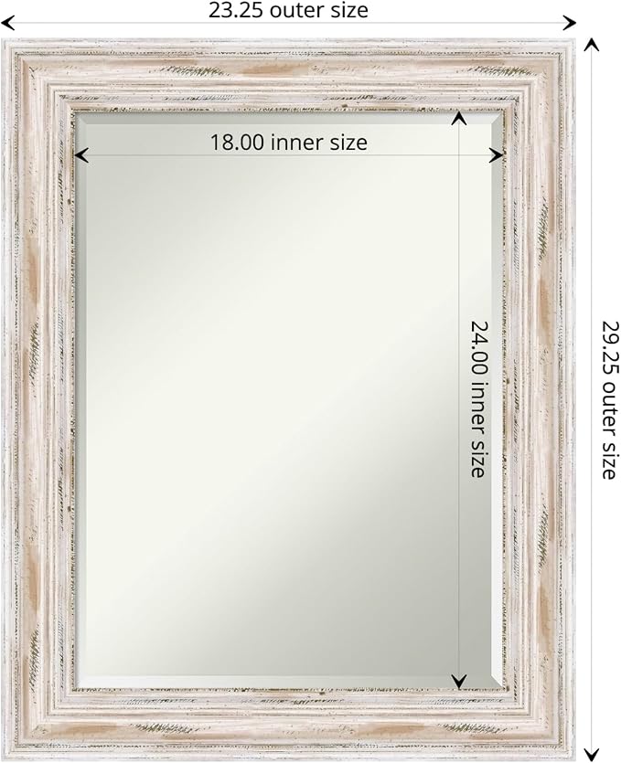 Amanti Art White Wall Mirror 29x23 Alexandria White Wash Rectangle Bathroom Mirror for Wall Decor Living Room, Medium Cottage Wood Frame, Hangs Horizonally and Vertically, Bathroom Decor, Beveled Edge