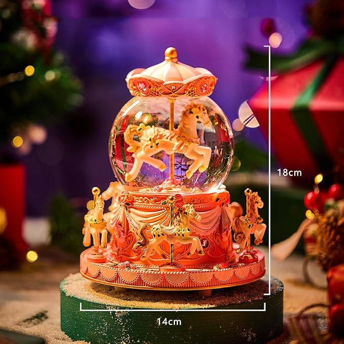 Carousel Horse Music Box Snow Globe, Light Up Pink Unicorn Design, Christmas Decor, Birthday, Valentine's Day Gift for Girls/Women Kids