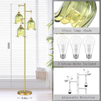 QIYIZM Gold Floor Lamp for Living Room,Bedroom,Tree 3 Light Standing Lamp Mid Century Modern Brass Tall Floor Lamps Vintage Retro Floor Lights Green Glass Flower Lamp Shade Farmhouse Boho Bohemian