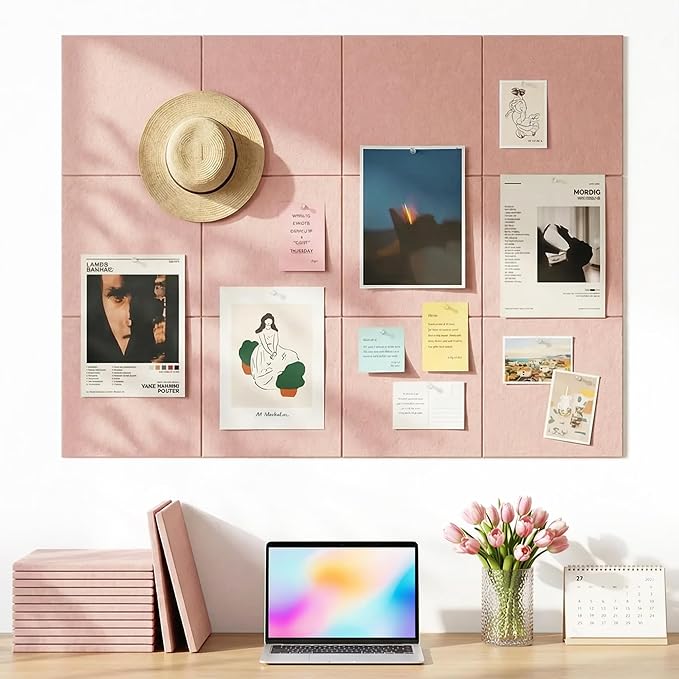 Aothia 12-Pack Felt Bulletin Board Tiles for Walls - 48x36 Modular Bulletin Board, Cork Board Alternative Pin Board for Office & Classroom, 70 Adhesive Tabs & 40 Push Pins Included (Pink)