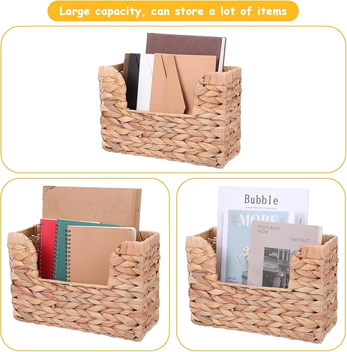 Woven Hanging Magazine Holder Water Hyacinth Magazine Basket Wall Mounted Woven Mail Organizer Wicker Storage Box with Handle Newspaper Rack Decorative for Home Office