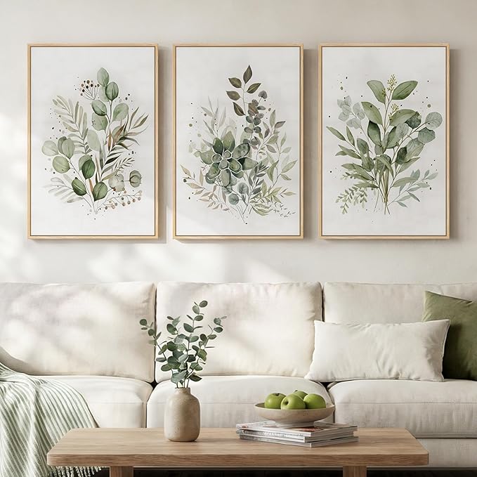 Framed Botanical Wall Art for Living Room, 3 Piece Neutral Sage Green Eucalyptus Leaf Canvas Prints, Modern Minimalist Watercolor Plant Pictures for Dining Room Bedroom Office Wall Decor, 16x24 inch