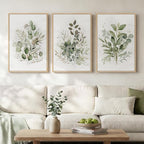 Framed Botanical Wall Art for Living Room, 3 Piece Neutral Sage Green Eucalyptus Leaf Canvas Prints, Modern Minimalist Watercolor Plant Pictures for Dining Room Bedroom Office Wall Decor, 16x24 inch
