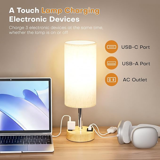 MOICO Bedside Table Lamp for Bedroom, 3-Way Dimmable Nightstand Lamp with USB C, USB A Ports & AC Outlet, Small Table Lamp Fabric Shade for Living Room Dorm Office, LED Bulb Included (14in Wood Grain)