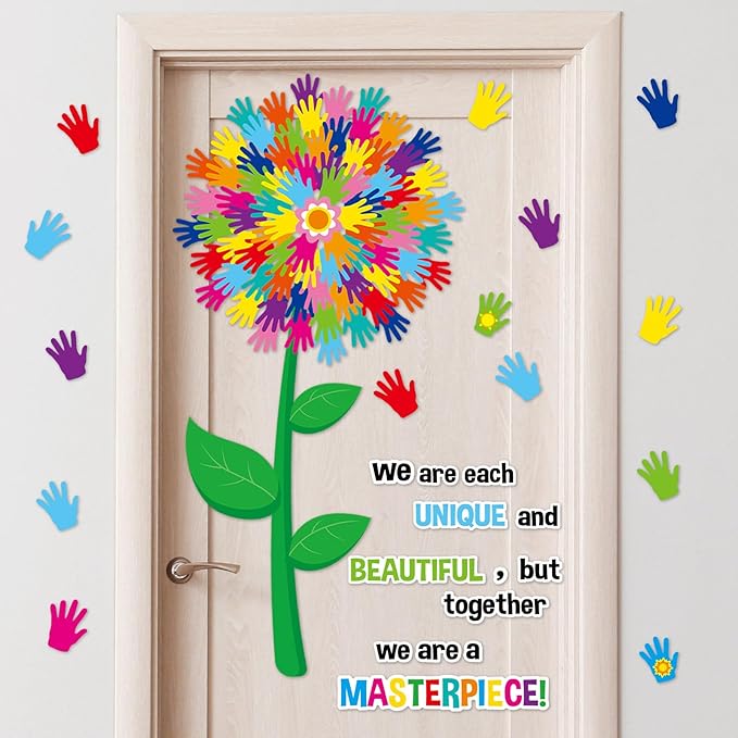 gisgfim Classroom Bulletin Board Decoration Set Wall Door Decor Hands Tree Colorful Handprint Classroom Decorations for Kindergarten Preschool Elementary Middle School(We are Each Unique and...)