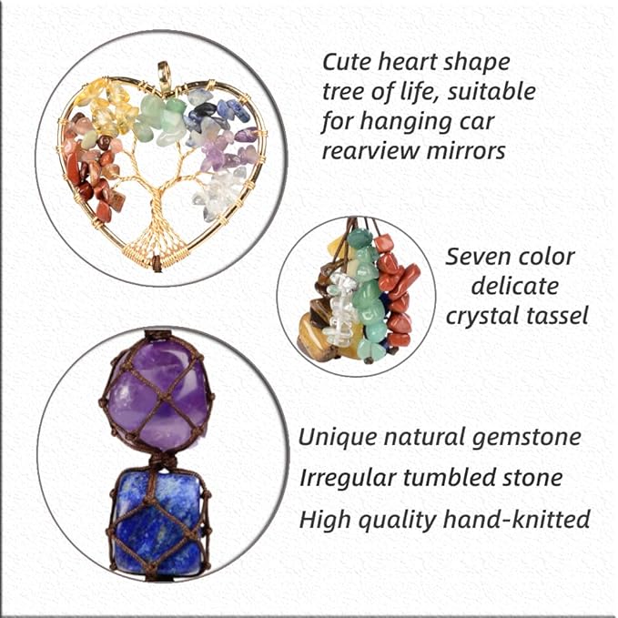 Cute Handmade Crystal Chakra Swinging Hanging Ornaments Mirror Hanging Car Accessories Tree of Life Stone Tree Feng Shui Window Ornament for Home Decor