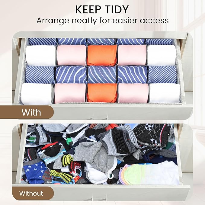 2 Pack Large Grid Sock Organizer Divider, 20 Cell with Lid, Fabric Foldable, Tie Organizer for Men for Storing Socks, Tie, Handkerchiefs, Belts (Grey)