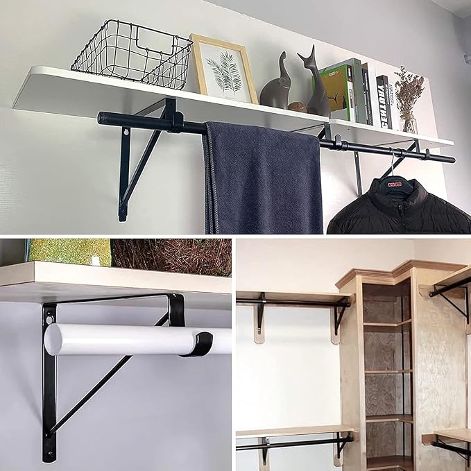 6 PCS Heavy Duty Closet Rod Bracket, 11 x 11 Inch Closet Shelf Brackets,Supports 300 lbs,Wall Mount Closet Rod Supports Bracket Hook with Screws, Closet Rod Holders for Home and Closet Decor(Black)