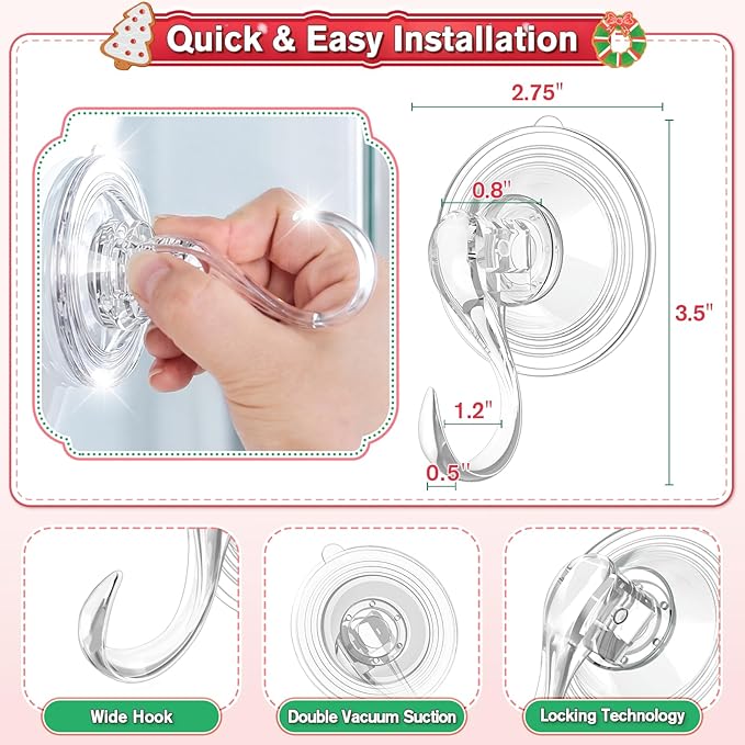 VIS'V Wreath Hanger, Large Suction Cup Wreath Hooks with Wipes, Heavy Duty, 22 LB Capacity, Removable and Reusable, Clear, 6 Pcs